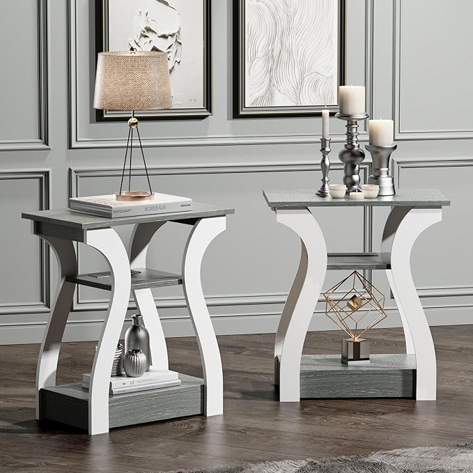 End Table Set of 2, Side Table with Charging Station, USB Ports and Outlets, 3 Tier Nightstand, Sofa Table for Small Spaces, Beside Table with Storage Shelf for Living Room, Bedroom