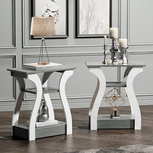 End Table Set of 2, Side Table with Charging Station, USB Ports and Outlets, 3 Tier Nightstand, Sofa Table for Small Spaces, Beside Table with Storage Shelf for Living Room, Bedroom