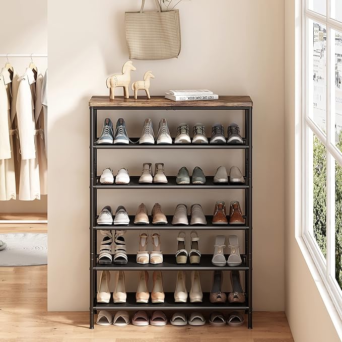 Shoe Rack Organizer 5 Tier Metal Organizer Shelf with Industrial MDF Board and Layer Fabric for Entryway Closet Bedroom Living Room Garage,Black & Rustic Brown (Black+Rustic Brown, 6 Tier)-NeatNest