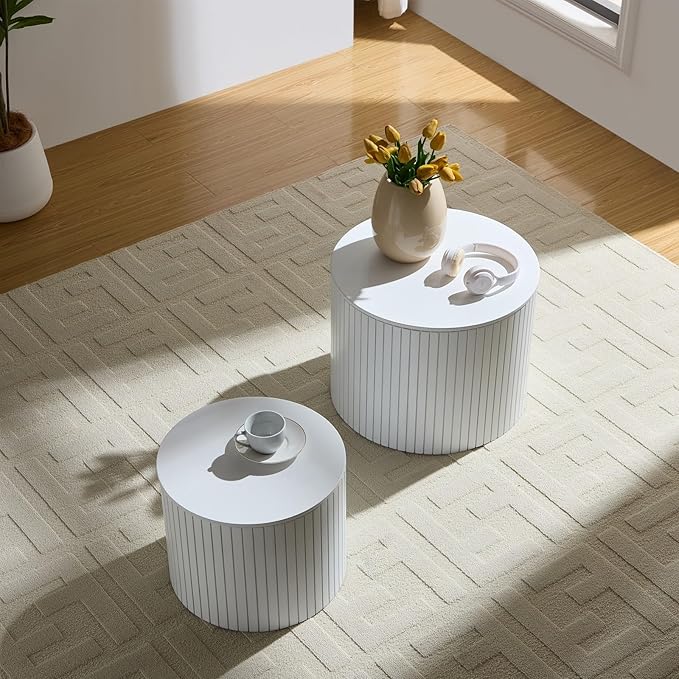 KEVINSPACE Small Coffee Table Nesting EndTable Set of 2, Round CoffeeTable with Storage Function Wood SideTable Circle Accent Tables for Small Spaces Living Room Bedroom Balcony Office White