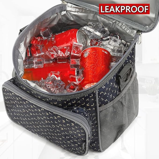 FlowFly Insulated Reusable Lunch Bag Adult Large Lunch Box for Women and Men with Adjustable Shoulder Strap,Front Zipper Pocket and Dual Large Mesh Side Pockets,Alphabet-NeatNest