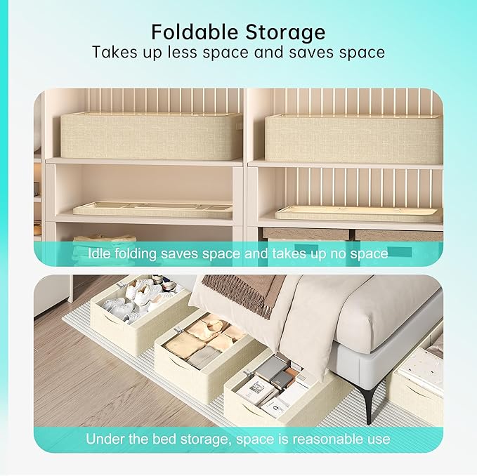 3PCS Under Bed Storage Bins with Metal Frame, Linen Fabric Frame Storage Box Clothes Organizer Bins, Underbed Container with Clear Window (Beige, 23.6 x 13 x 6IN)-NeatNest