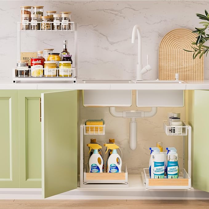 Delamu 2 Pack Under Sink Organizer and Storage, Height Adjustable Under Kitchen Sink Organizer, 2 Tier Pull Out Under Cabinet Organizer, White Under Counter Storage for Kitchen Bathroom-NeatNest