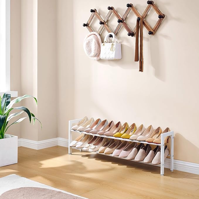 FAVOOSTY 2-Tier Expandable Shoe Rack, Adjustable Shoe Shelf Storage Organizer Space Saving Metal Free Standing Shoe Rack for Entryway Closet Doorway, White-NeatNest