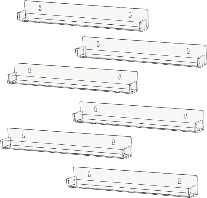 IEEK 6 PCS Acrylic Invisible Floating Bookshelf for Kids Room,15 inch Modern Picture Ledge Display Toy Storage Wall Shelf Vinyl Record Shelf U Shelves Storage Rack-NeatNest