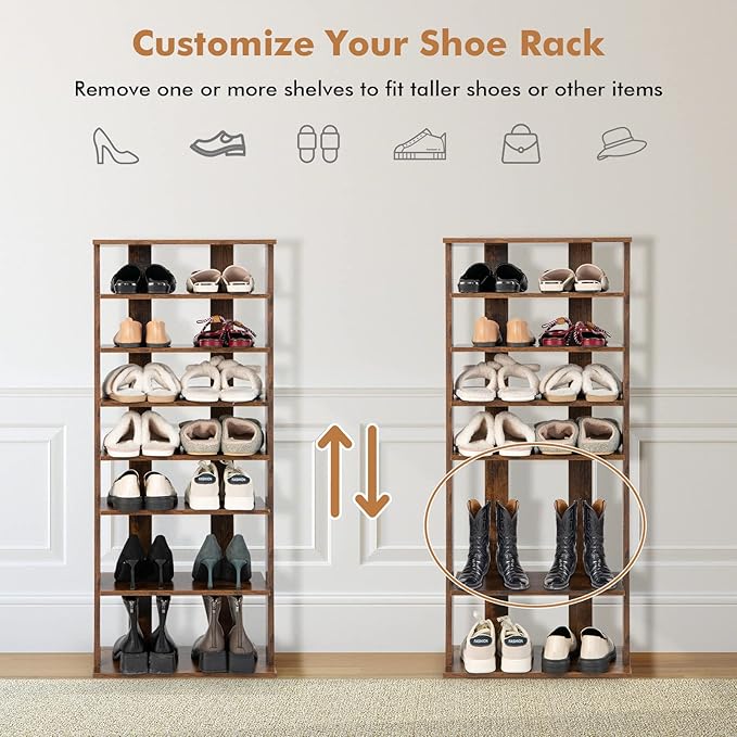 COSTWAY 7 Tiers Shoe Rack, Double Rows Vertical Tall Narrow Patented Shoe Organizer, Free Standing Shoe Rack for Small Space, Entryway, Closet, Living Room, Bedroom (Rustic Brown)-NeatNest