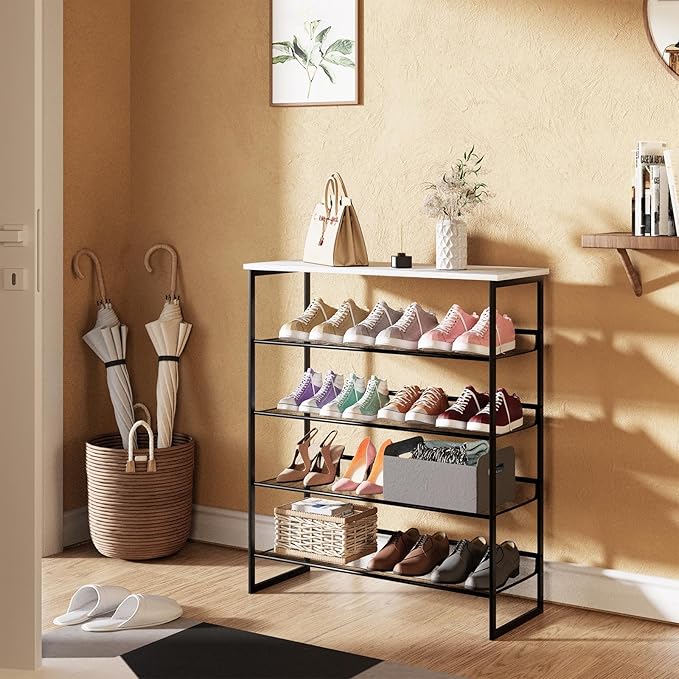 Garden 4 you 5 Tiers Shoe Rack,Multi-Purpose Adjustable Flat and Slant White Marble Freestanding Organizer Storage Rack Shoe Shelf, High Heels Potted Plant for Entryway Hallway Living Room Closet-NeatNest