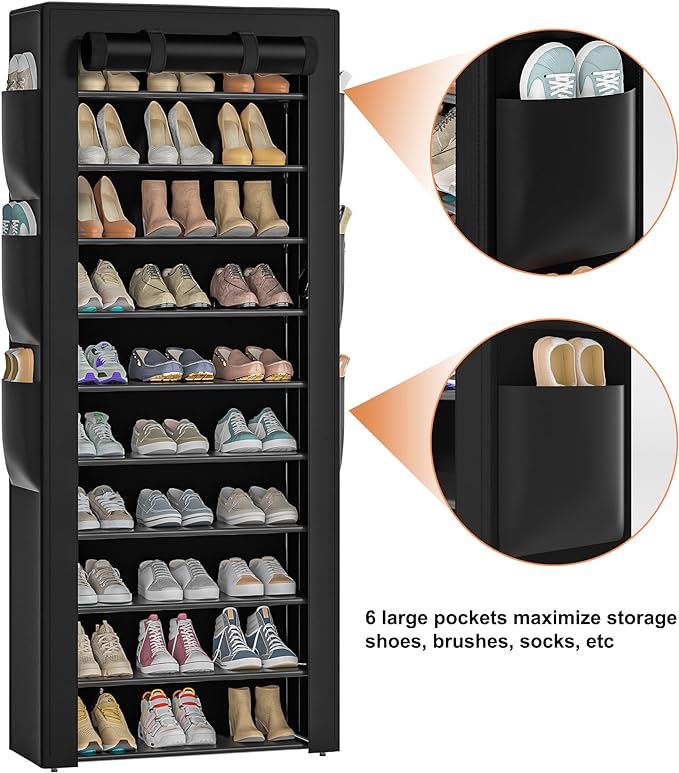 Large Shoe Rack, Black, 6 Side Pockets, 23.6" Wide x 11.4" Deep x 68.9" Tall, 36-41 Pairs of Shoes-NeatNest
