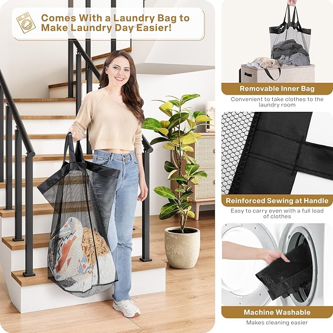 SOLEDI Large Double Laundry Hamper with Lid, Collapsible Clothes Hamper 2 section with Removable Bags, Space-Saving Laundry Basket for Bedroom, Dorm, College-NeatNest