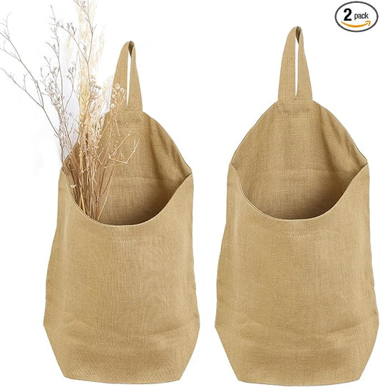 100% Linen Hanging Storage Bags Baskets 2 Pcs, Small Wall Storage Bag for Kitchen, Bedroom, RV Camper Organizer, Sewing Room, Nursery Storage, Kids Room, Dark Yellow