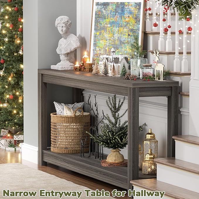 47" Farmhouse Wood Entryway Table Narrow Console Table with Storage Behind Couch Sofa Table with Shelves Entry Way Table with Open Storage, Easy Assembly, Grey Walnut-NeatNest