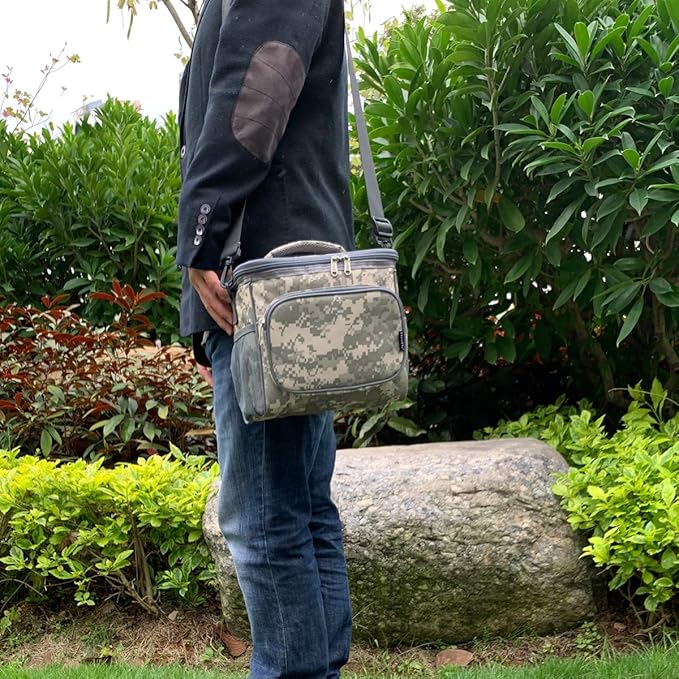 FlowFly Insulated Reusable Lunch Bag Adult Large Lunch Box for Women and Men with Adjustable Shoulder Strap,Front Zipper Pocket and Dual Large Mesh Side Pockets,DigitalCamo-NeatNest