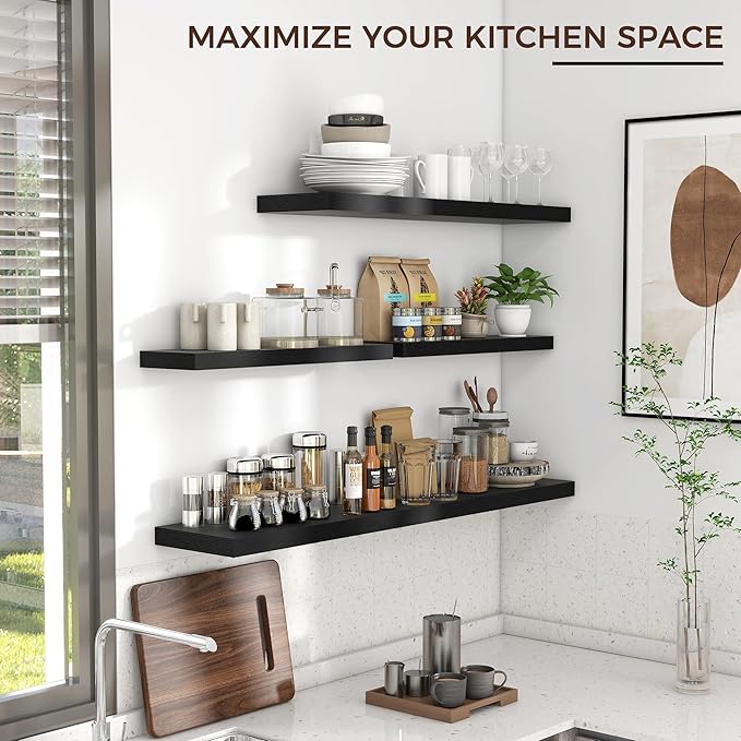 Floating Shelves for Wall, 48"W x 9"D x 1.5"H, 2 Pack of Long Wall Mounted Engineered Wood Shelves with Invisible Brackets for Living Room, Bedroom, Bathroom, Kitchen Decor and Storage, Black-NeatNest