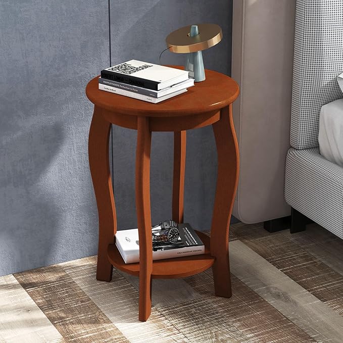 GOFLAME 2-Tier Round End Table, Mid-Century Modern Sofa Side Table with Storage Shelf, Solid Wood Legs, Compact Accent Table, Nightstand for Living Room, Bedroom, Small Space, Walnut
