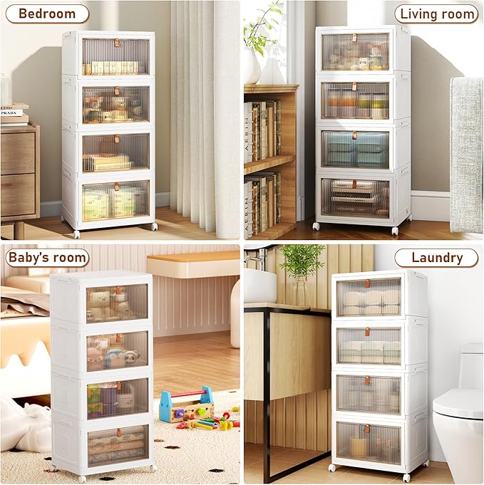 4 Tier Storage Bins with Lids, 23QT Stackable Closet Organizers and Storage with Wheels, Collapsible Storage Boxes, Foldable Plastic Storage Containers for Home,Office, Dorm Room-NeatNest