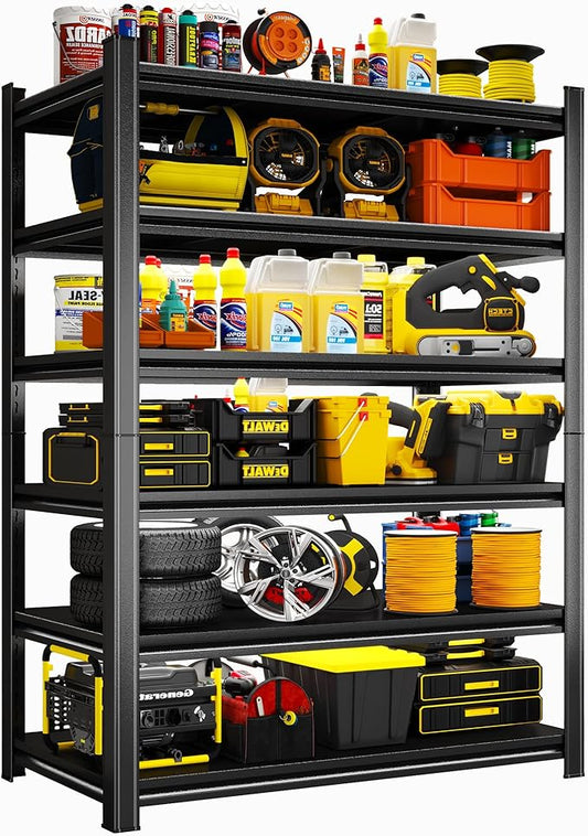 Heavy Duty 6-Tier Metal Garage Shelving, Adjustable Detachable Storage Shelf Units, Steel Rack Shelf for Garage & Workshop – Strong Load-Bearing (Black-77.44H*39.37W, 17.72D-6Tier)