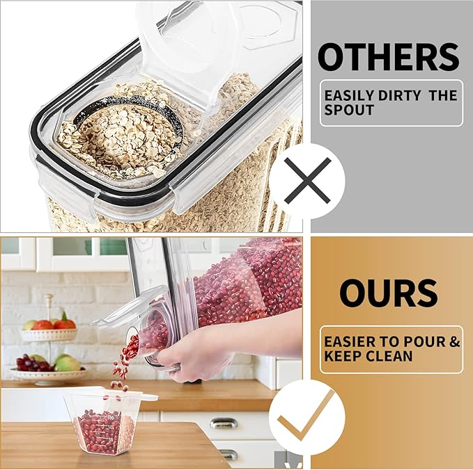 PRAKI Cereal Containers Storage Set (4L,135.2 Oz), 4PCS Airtight Food Storage Containers with Pour Spout for Kitchen & Pantry Organization Cereal Dispensers with 20 labels, Measuring Cup & Marker-NeatNest