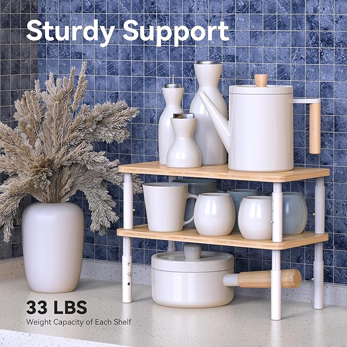 Cabinet Organizer Shelf, Spice Rack Set of 2 Kitchen Pantry Cupboard Shelves, Stackable, Height Adjustable, Natural Bamboo (15.6" Wx77.Dx6.57 H per Pack)-NeatNest