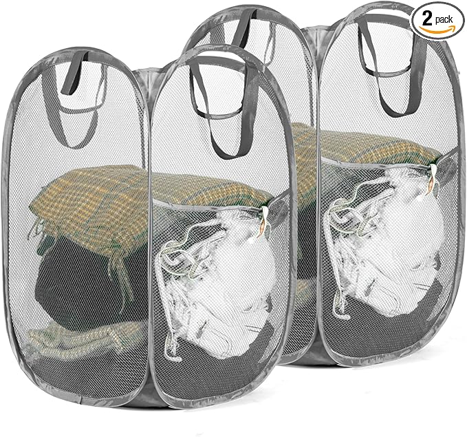HOUSE AGAIN 2 Pcs Pop Up Laundry Hamper, Strong Mesh Laundry Baskets Collapsible, Hamper with Handles and Side Pocket, Portable Foldable Dirty Clothes for Dorm, Laundry room and Travel Storage, Grey-NeatNest