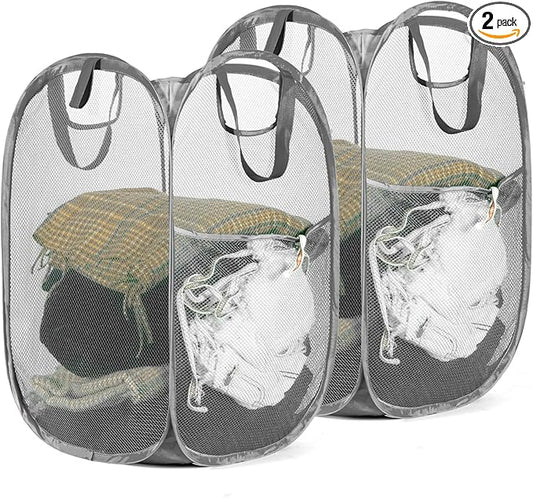 HOUSE AGAIN 2 Pcs Pop Up Laundry Hamper, Strong Mesh Laundry Baskets Collapsible, Hamper with Handles and Side Pocket, Portable Foldable Dirty Clothes for Dorm, Laundry room and Travel Storage, Grey-NeatNest