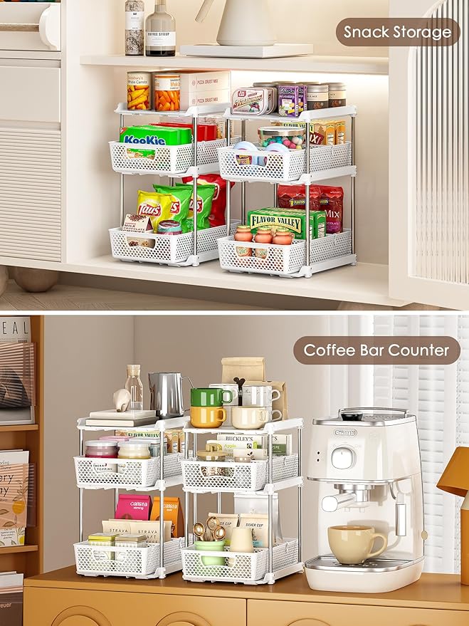 2Pcs 3 Tier Bathroom Organizers, WIDER BOLDER Pull Out Under Sink Organizer with Dividers, Kitchen and Bathroom Storage Cabinet - White-NeatNest