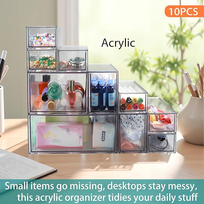 10 Pack Acrylic Makeup Organizer Clear Stackable Desk Organizers Dustproof Drawer for Make Up,Jewelry,Pen, Stationary-NeatNest