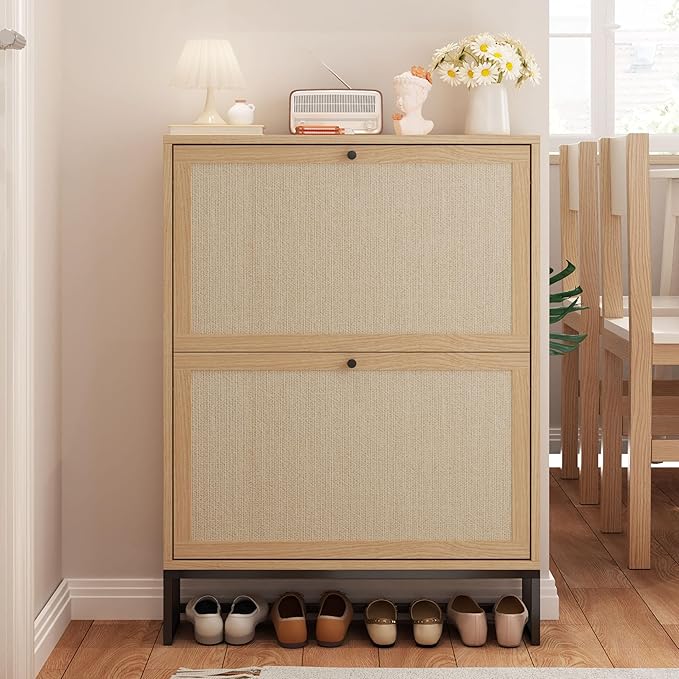 AVZEAR Shoe Cabinet with 2 Flip Drawer Door, Freestanding Shoe Organizer, Shoe Cabinet Storage for Entryway, Shoe Storage Shoe Rack for Closet with Linen Doors Drawer in Hallway, Living Room (Natural)-NeatNest