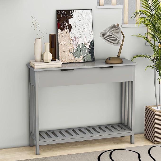 Entryway Table Console Table with Drawer and Storage Shelf, Narrow Sofa Table Entrance Enter Way Hallway Foyer Behind Couch Table (Gray with Drawer)-NeatNest