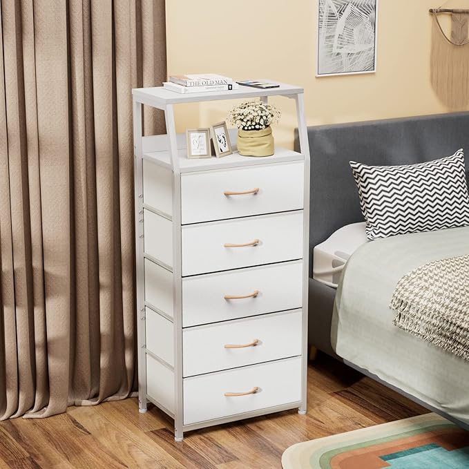 Furnulem White Dresser with 5 Drawers, Vertical Storage Tower Fabric Dresser for Bedroom, Hallway, Entryway, Nursery, Closet Organizer, Nightstand Bedside Table Furniture, Sturdy Steel Frame, Wood Top-NeatNest