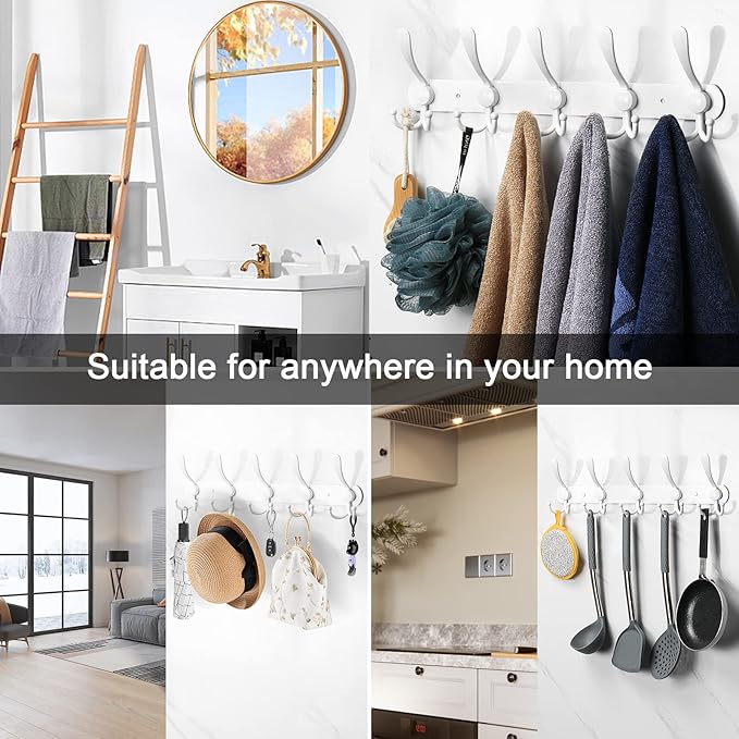 NearMoon Coat Rack Wall Mounted-2 Pack, Heavy Duty Bath Towel Hooks Stainless Steel Robe Hooks Holder, Metal Coat Hook for Towel Coat Hat Key Bathroom Bedroom Hotel Entryway (5 Hooks, White)