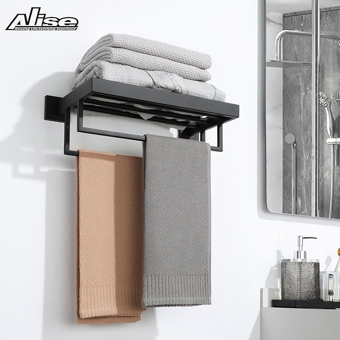 Alise 16 Inch Towel Racks for Bathroom, Towel Rack Wall Mounted with Double Towel Bars, SUS 304 Stainless Steel Towel Shelf, Heavy Duty Hand Towel Holder(Matte Black)