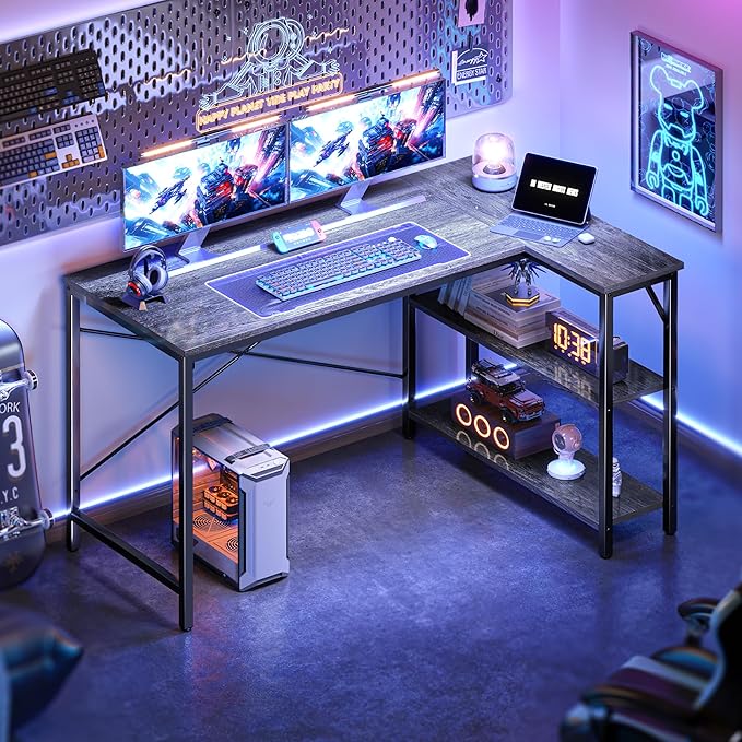 Huuger L Shaped Desk, 47 Inches Computer Desk with Reversible Storage Shelves, for Gaming Corner Home Office Writing Study, Metal Frame, Gray-NeatNest