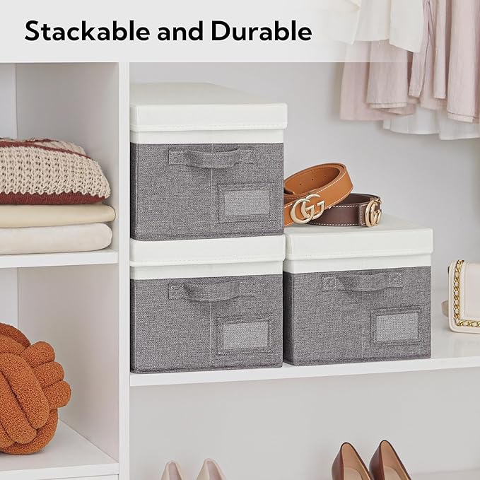 GRANNY SAYS Storage Bins with Lids, Storage Box, Collapsibe Storage Bins, Clothes Organizers and Storage, Storage Bins for Shelves, Decorative Storage Boxes with Lids, 3-Pack, Gray&Ivory-NeatNest
