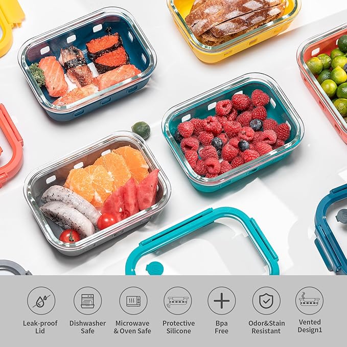 2.7 CUP Glass Food Storage Containers with Glass Lids,5 Pack-Aitight Meal Prep Container Set with Silicone Sleeve, BPA-Free, Dishwasher, Microwave, and Freezer Safe