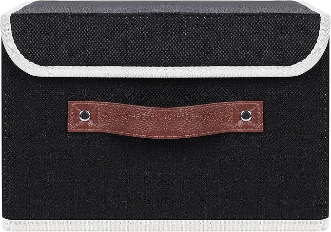 ANMINY Storage Bin with Lid Storage Boxes with PU Leather Handles PP Plastic Board Decorative Foldable Lidded Cotton Linen Fabric Home Cubes Baskets Closet Organizer Container - Black, Small Size-NeatNest
