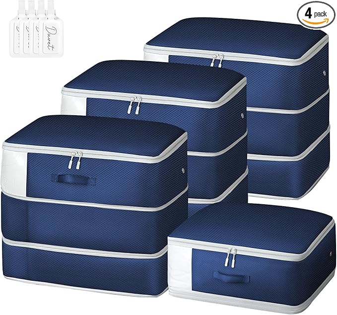 Comforter Storage Bag - Large Capacity Blanket Storage Bags 3-Layer Ultra Space Saving Self Compression Organizer, Washable Compression Bags for Storage Comforter Blanket, 4-Pack, Navy Blue-NeatNest