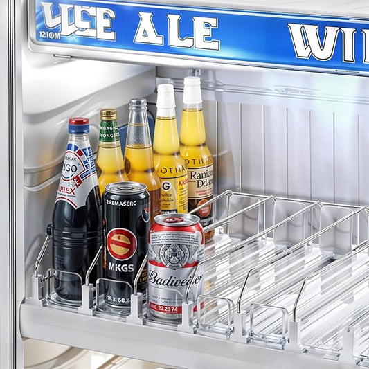 Drink Organizer for Fridge, Soda Can Organizer Dispenser for Refrigerator with Automatic Pusher Glide, Width Adjustable Clear Dividers Can Holder for 6-20oz Beverage, 15''D x15.4''W, 5 Rows