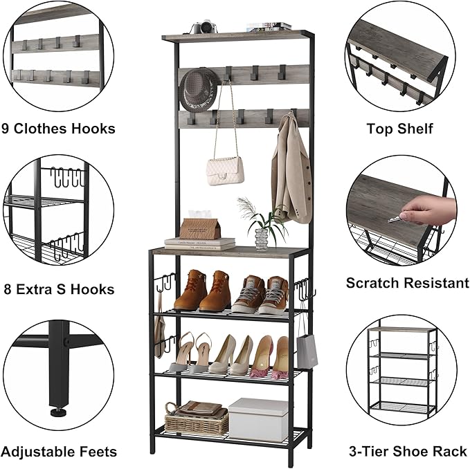 HOMEFORT Coat Rack with Shoe Storage, 5-Tier Shoe and Coat Rack with 9 Clothes Hooks, Freestanding Hall Tree Organizer for Entryway, Bedroom,Grey
