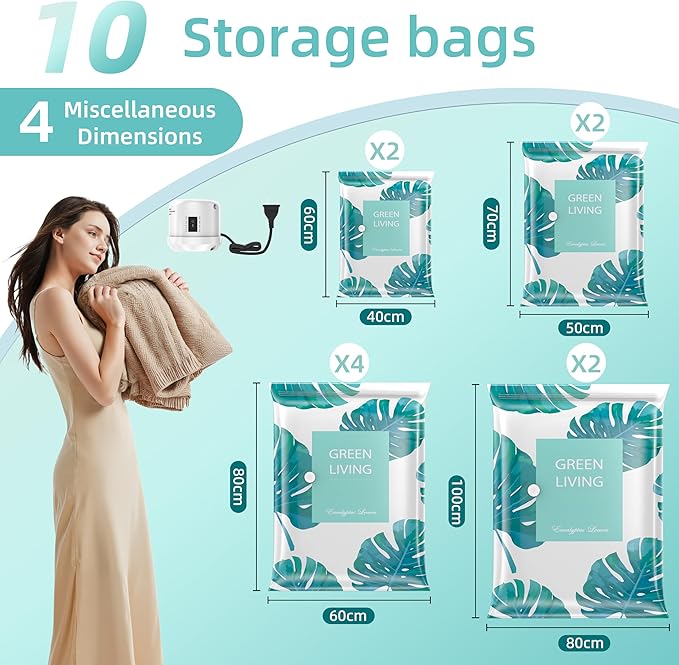 Thicken Vacuum Storage Bags with Electric Air Pump, Vacuum Sealer Bags, Air Compression Space Saver Bags for Clothes, Blanket, Duvets, Pillows, Comforters, Travel (10 Packs)-NeatNest