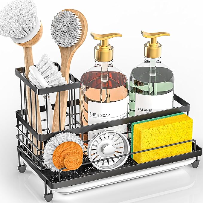Cisily Large Capacity Kitchen Sink Caddy Organizer, Rustproof Non-Slip Sponge Holder With Dish Brush Holder Organizer, Kitchen Organization and Storage, Essentials Accessories for Countertop-NeatNest