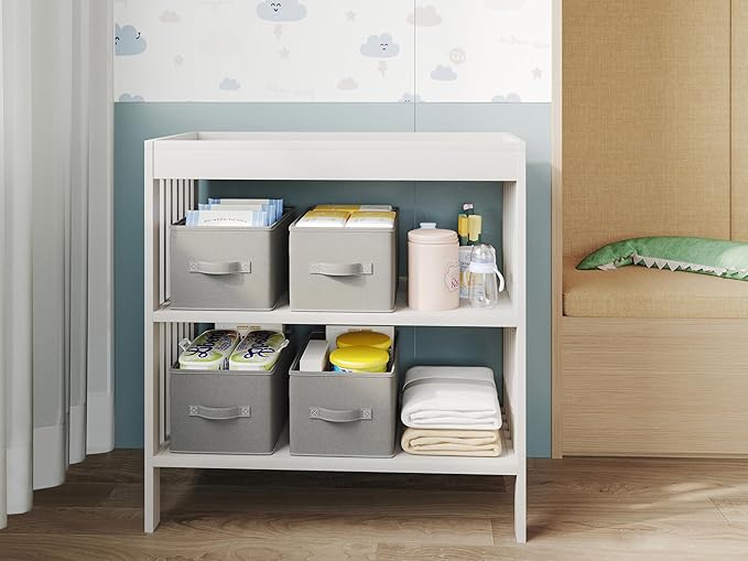 3 Pack Fabric Storage Bins for Shelves | 16.25x12x10in Closet Storage Baskets | Collapsible Storage Bins |Fabric Closet Organizers with Handles | Light Gray-NeatNest