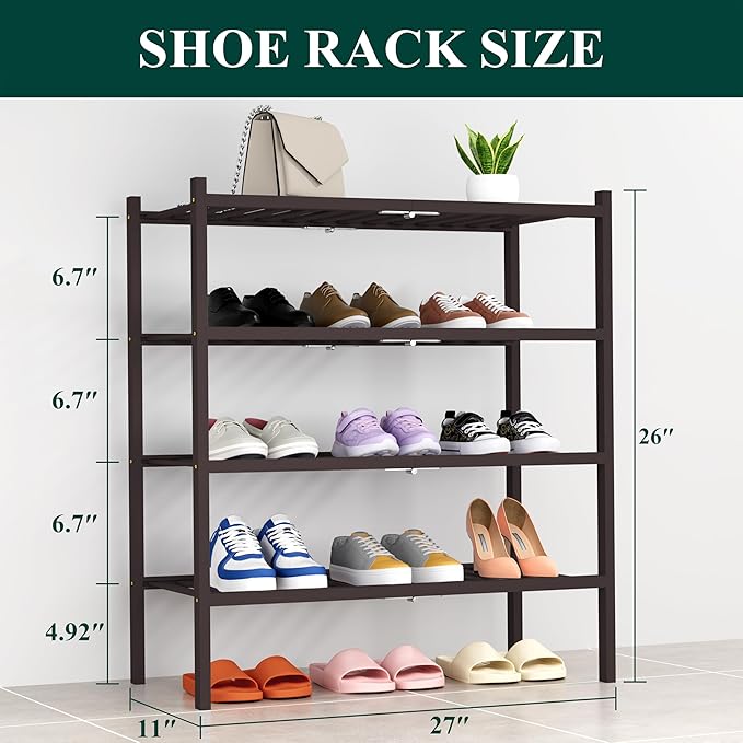 Smiry Shoe Rack, 4 Tier Thick Bamboo Shoe Organizer, Stackable Free Standing Wooden Shoe Storage Shelf for Closet, Entryway, Front Door Entrance, Brown-NeatNest