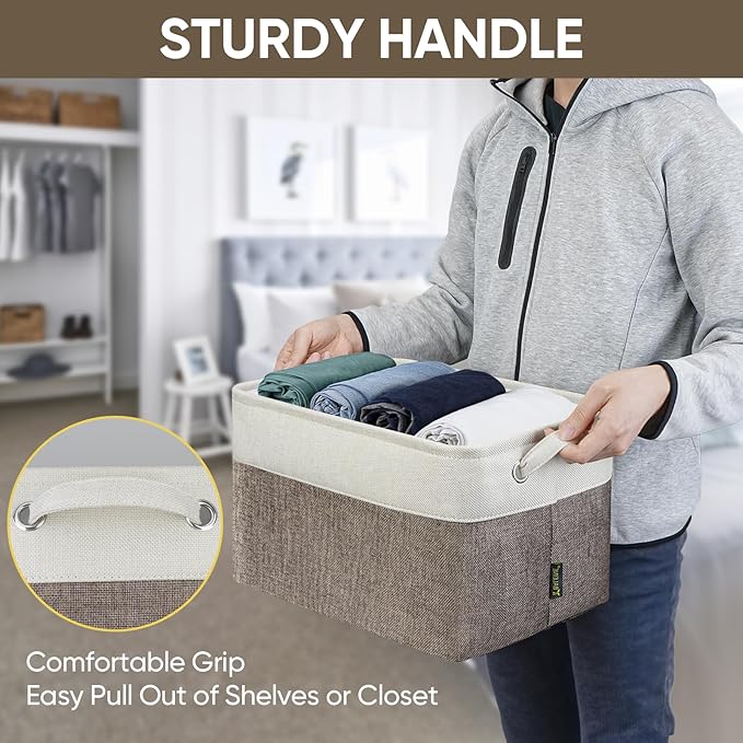 BALEINE 2 Pack Fabric Storage Bins for Shelves, Linen Storage Baskets for Organizing, Decorative Closet Bins for Clothes, Home (Brown, 15"x11"x9.5") ﻿-NeatNest