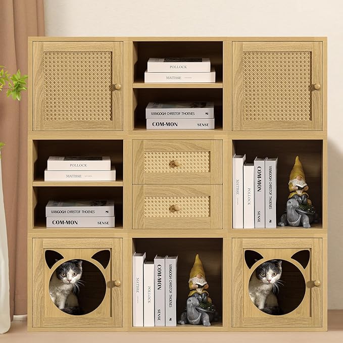 Magic DIY Cube Storage Organizer Stackable Cubes for Home Books Clothes Toy -Modular Cubby Storage System -Closet Organizer -Bookcase Closet(Yellow Oak,Cat Door Cube)-NeatNest