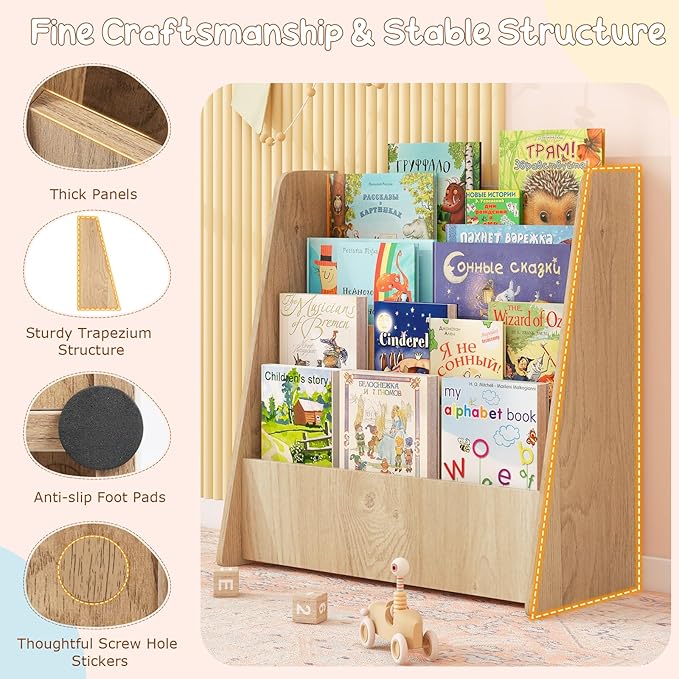 Costzon 4-Tier Kids Bookshelf, Front Facing Children Bookcase with Deep Compartments, Magazine Storage Rack for Kids Bedroom, Playroom, Nursery, Classroom, Kindergarten (Natural)-NeatNest