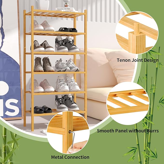 6-Tier Bamboo Small Shoe Rack, Free Standing Wood Shoe Shelf Storage Organizer for Closet Entryway Stackable (Natural)-NeatNest
