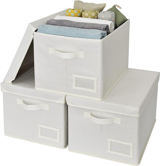 GRANNY SAYS Storage Baskets for Organizing, Linen Closet Shelf Organizers and Storage Containers with Label Holder, Large Storage Bins with Lids for Bedroom, Ivory, 3-Pack-NeatNest