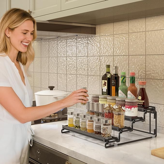 4 Tier Spice Rack Organizer for Inside Cabinet Display Riser Shelf Seasoning Organizer for Countertop Cupboard Pantry Step Storage Holder with Protection Railing (2PC Black)-NeatNest