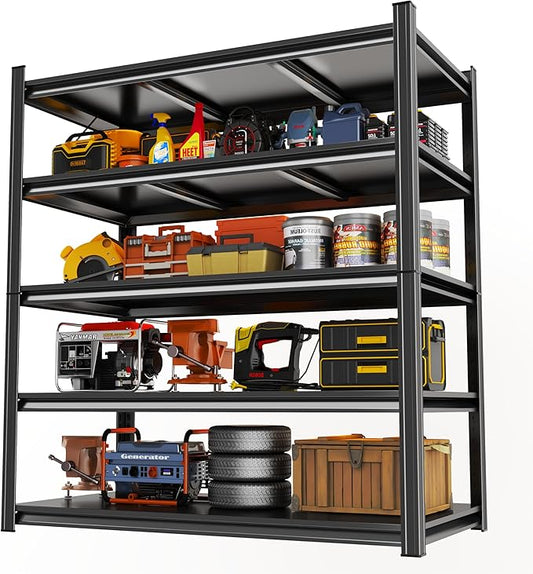 Garage Shelving, Storage Shelves Heavy Duty, 5-Tier Adjustable Black Shelving, 3000Lbs Utility Shelf for Garage/Basement/Kitchen, 72”H×48”W×24”D-NeatNest
