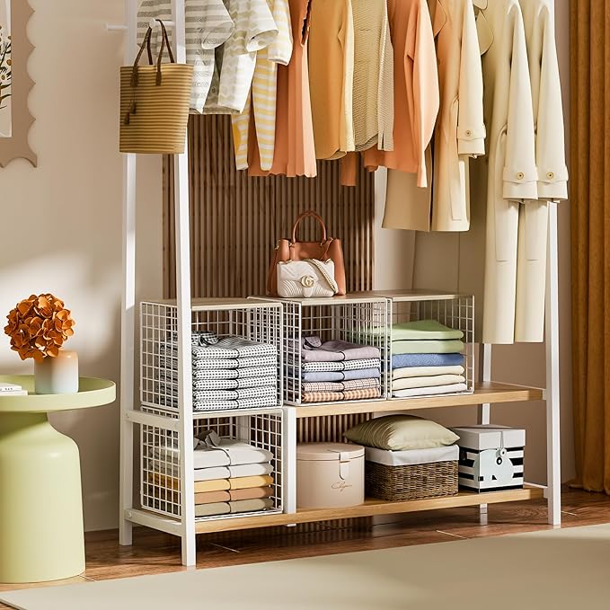 3PCS Stackable Closet Organizers and Storage, Closet Shelves with Wood Top Extra Storage, Clothes Storage Organizer Basket Bin/Cube for Home Wardrobe Organization(White-Sturdy Metal) Patent Pending-NeatNest